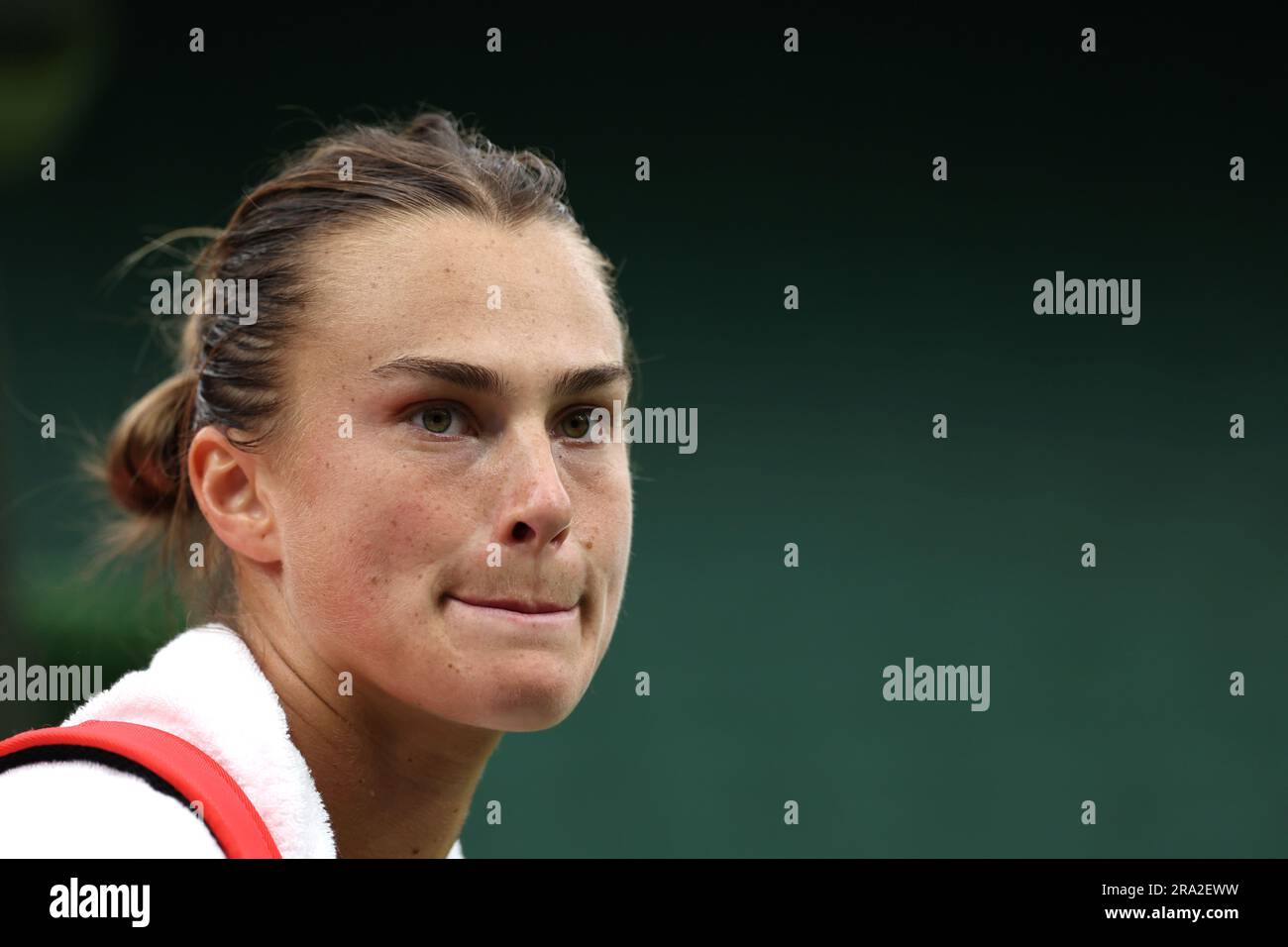 Aryna Sabalenka on Centre Court at the All England Lawn Tennis and Croquet Club in Wimbledon, ahead of the championships which start on Monday. Picture date: Friday June 30, 2023. Stock Photo