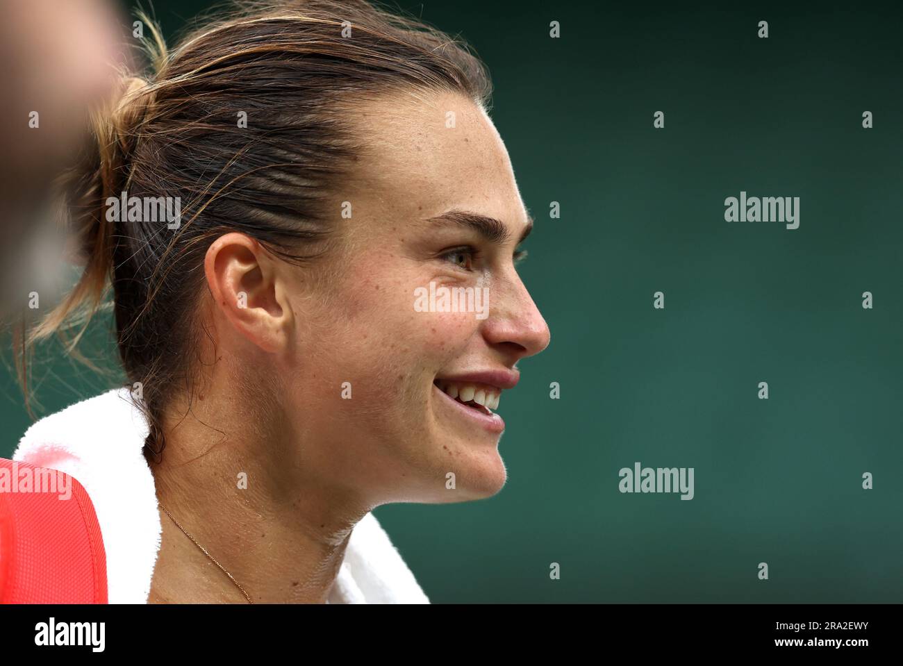 Aryna Sabalenka on Centre Court at the All England Lawn Tennis and Croquet Club in Wimbledon, ahead of the championships which start on Monday. Picture date: Friday June 30, 2023. Stock Photo