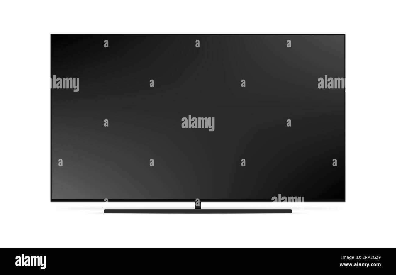 Realistic illustration of black TV with stand. 4K flat screen lcd or
