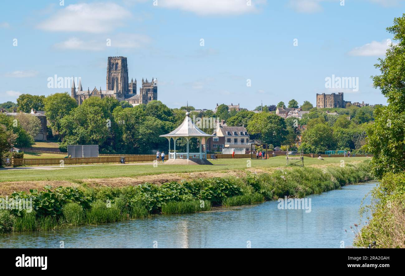 Durham Cathedral, Castle and the racecourse bandstand from the Weardale Way on the banks of the river Wear in County Durham North East England Stock Photo