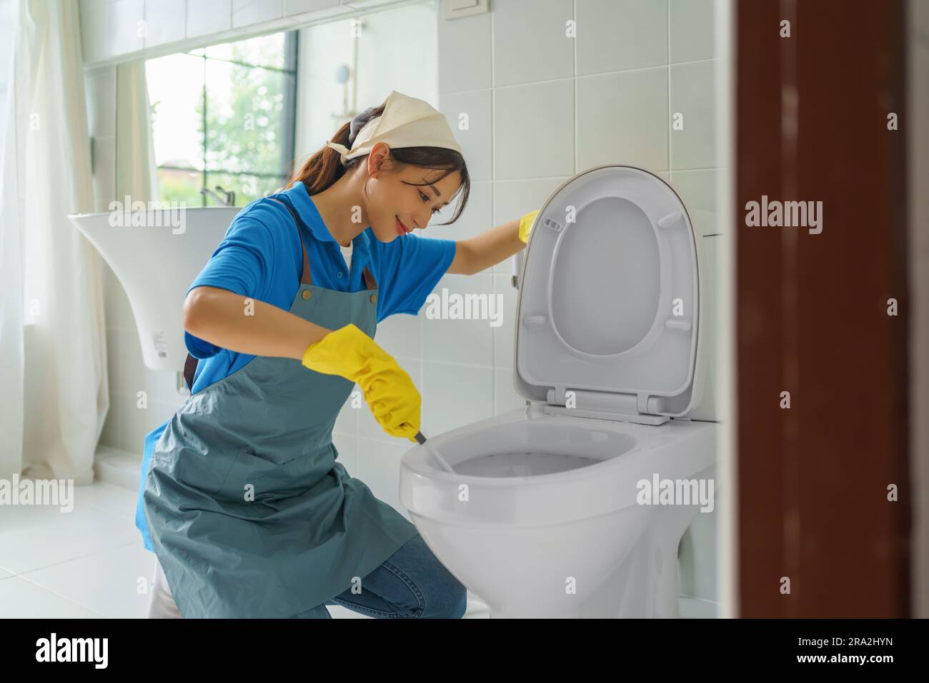 Detail-oriented Asian housewife diligently scrubs and cleans the toilet bowl in her home's bathroom, ensuring utmost hygiene and a fresh, welcoming at Stock Photo