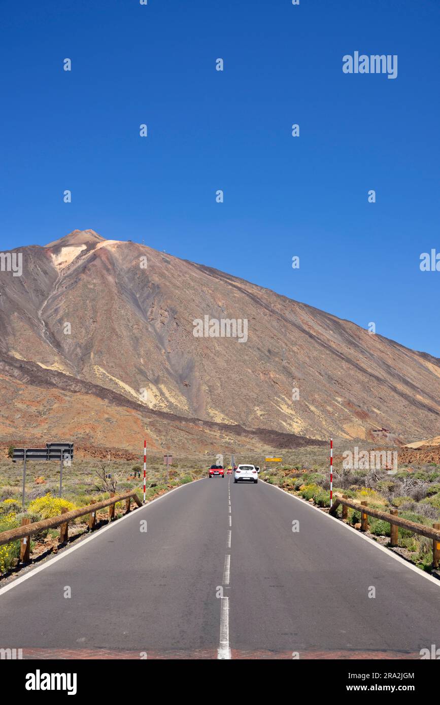 Spain, Canary Islands, Tenerife, Teide National Park listed as World Heritage by UNESCO, road TF 21 at the foot of the volcano Teide volcano, the highest Spanish summit culminating at 3718 metres Stock Photo