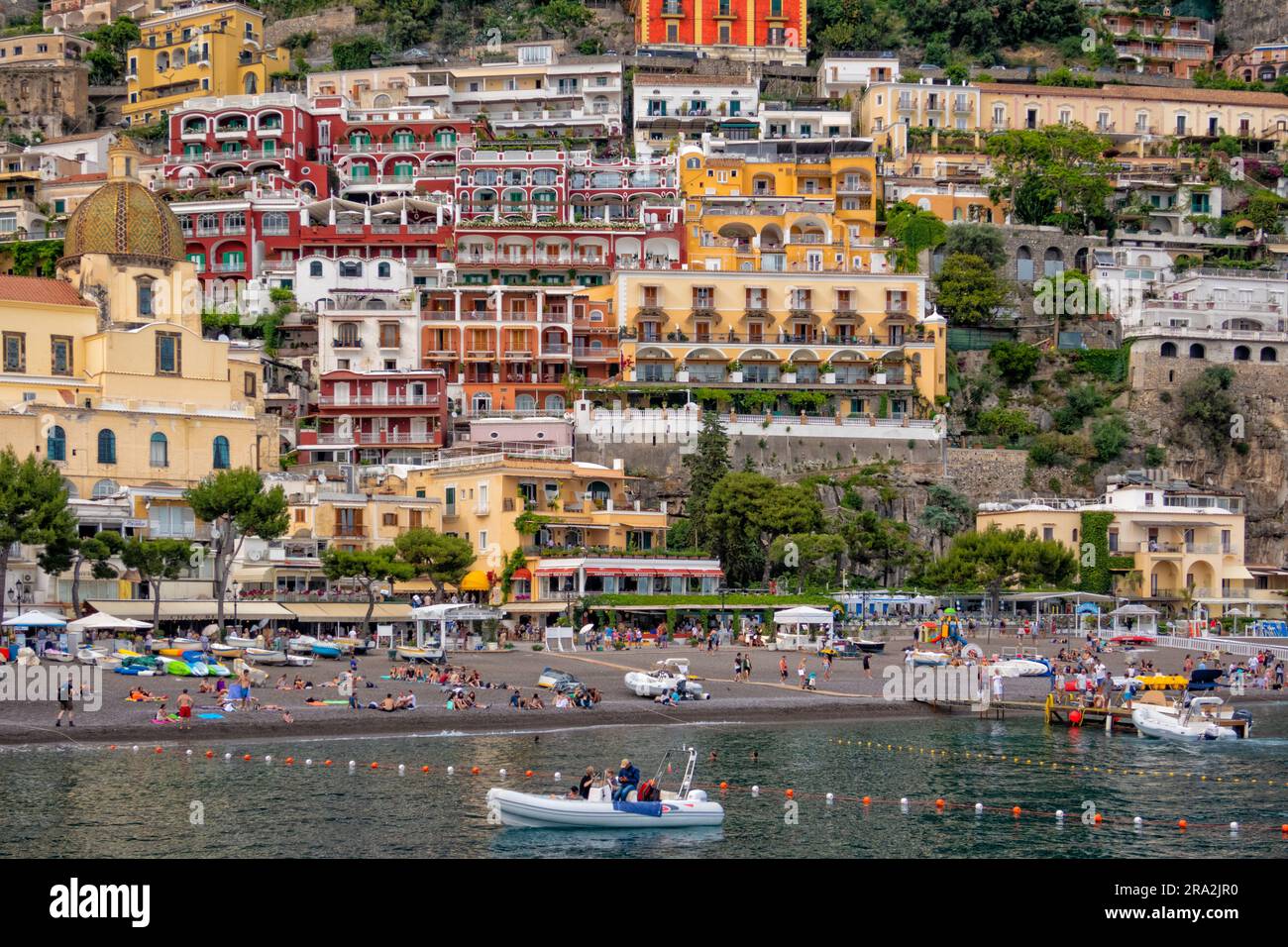 Offshore view of Positano village along Amalfi Coast in Italy in summer ...