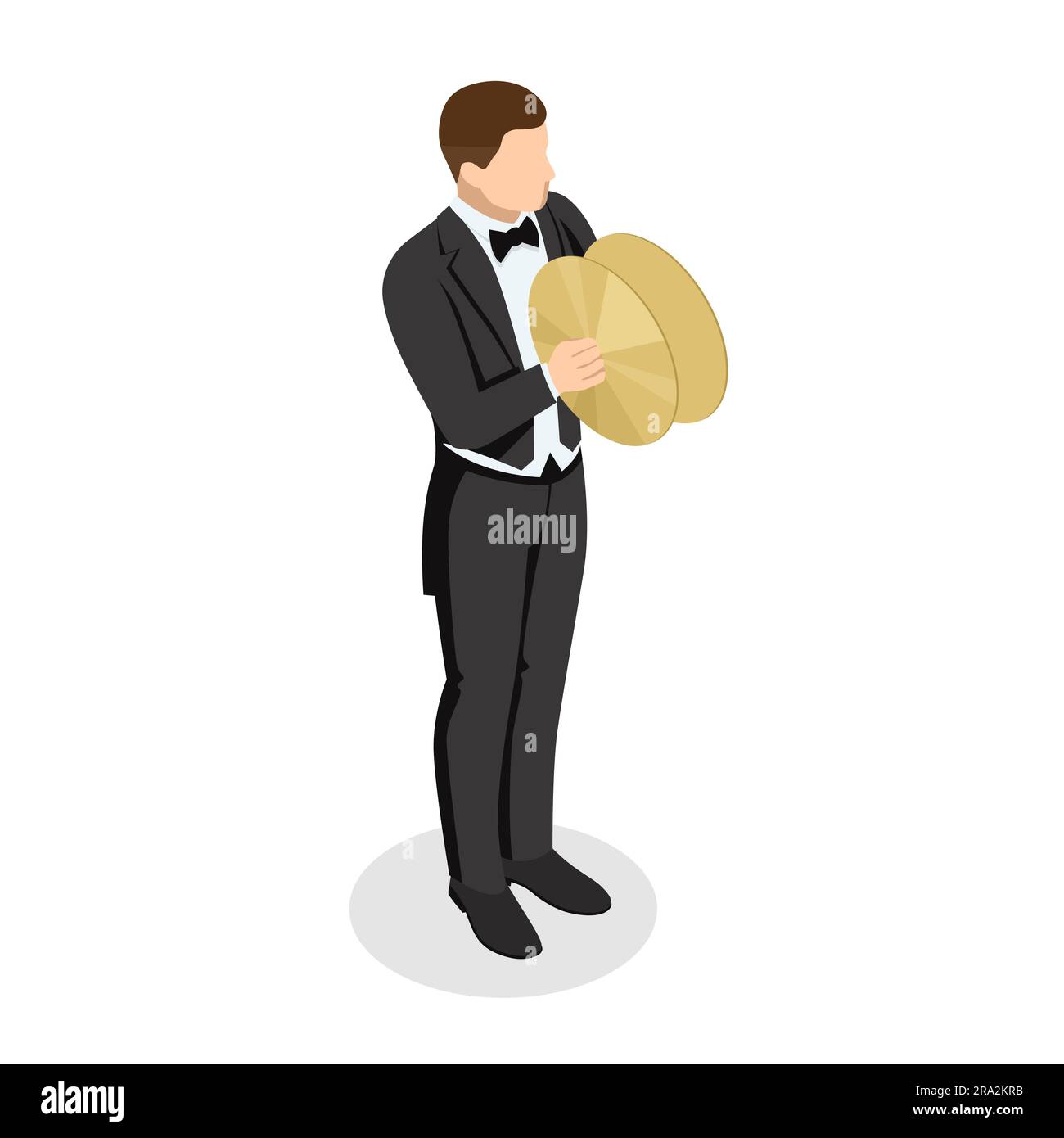 Isometricmale musician playing cymbals golden brass plate drum isolated