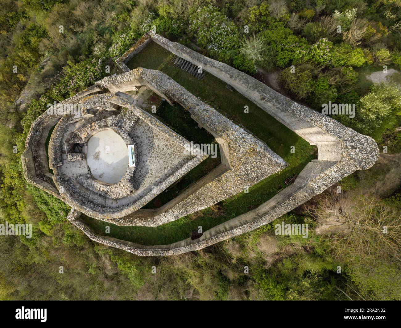 France, Val d'Oise, La Roche Guyon, labeled The Most Beautiful Villages of France, the dungeon of the twelfth century (aerial view) Stock Photo