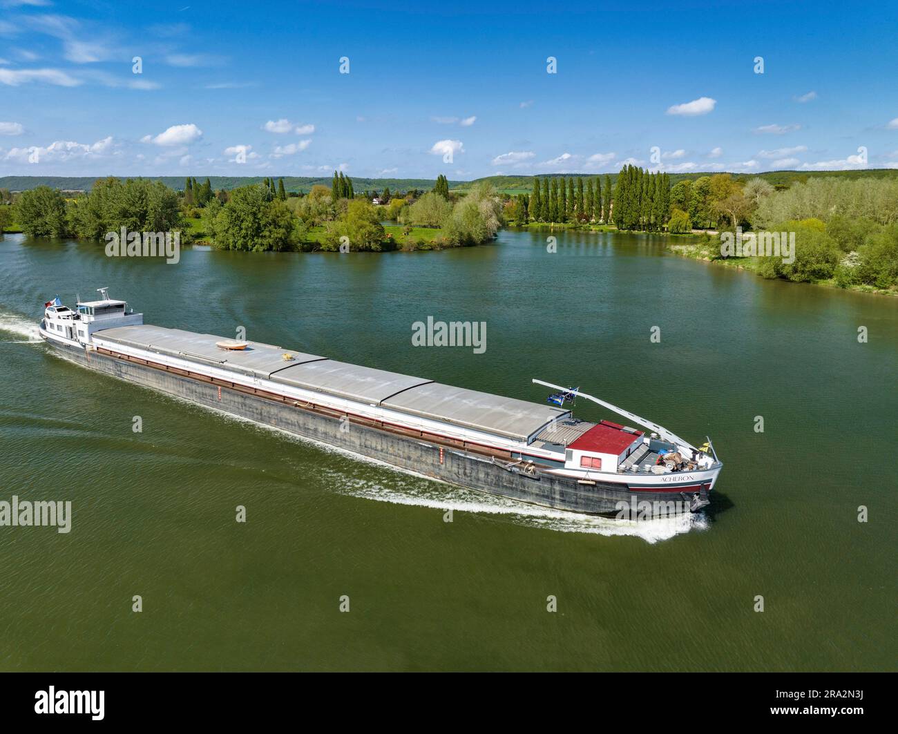 France, Eure, Saint Pierre d'Autils, Acheron barge on the Seine (aerial view) Stock Photo