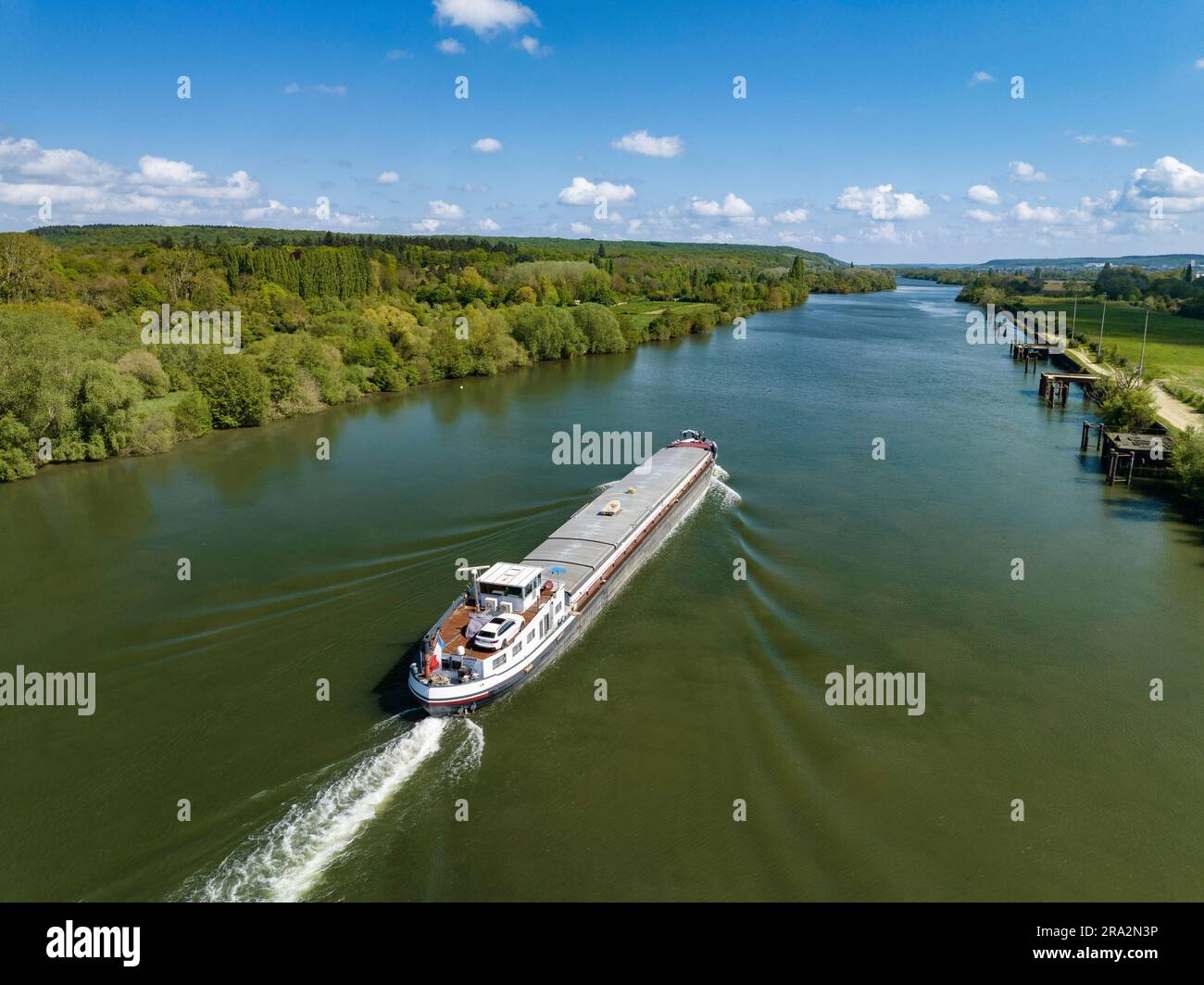 France, Eure, Saint Pierre d'Autils, Acheron barge on the Seine (aerial view) Stock Photo