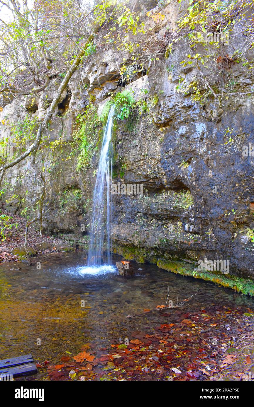 Falling Spring is a unique spring located near Winona and Alton, Missouri.  The spring flows out from a cave opening in the bluff above. Stock Photo