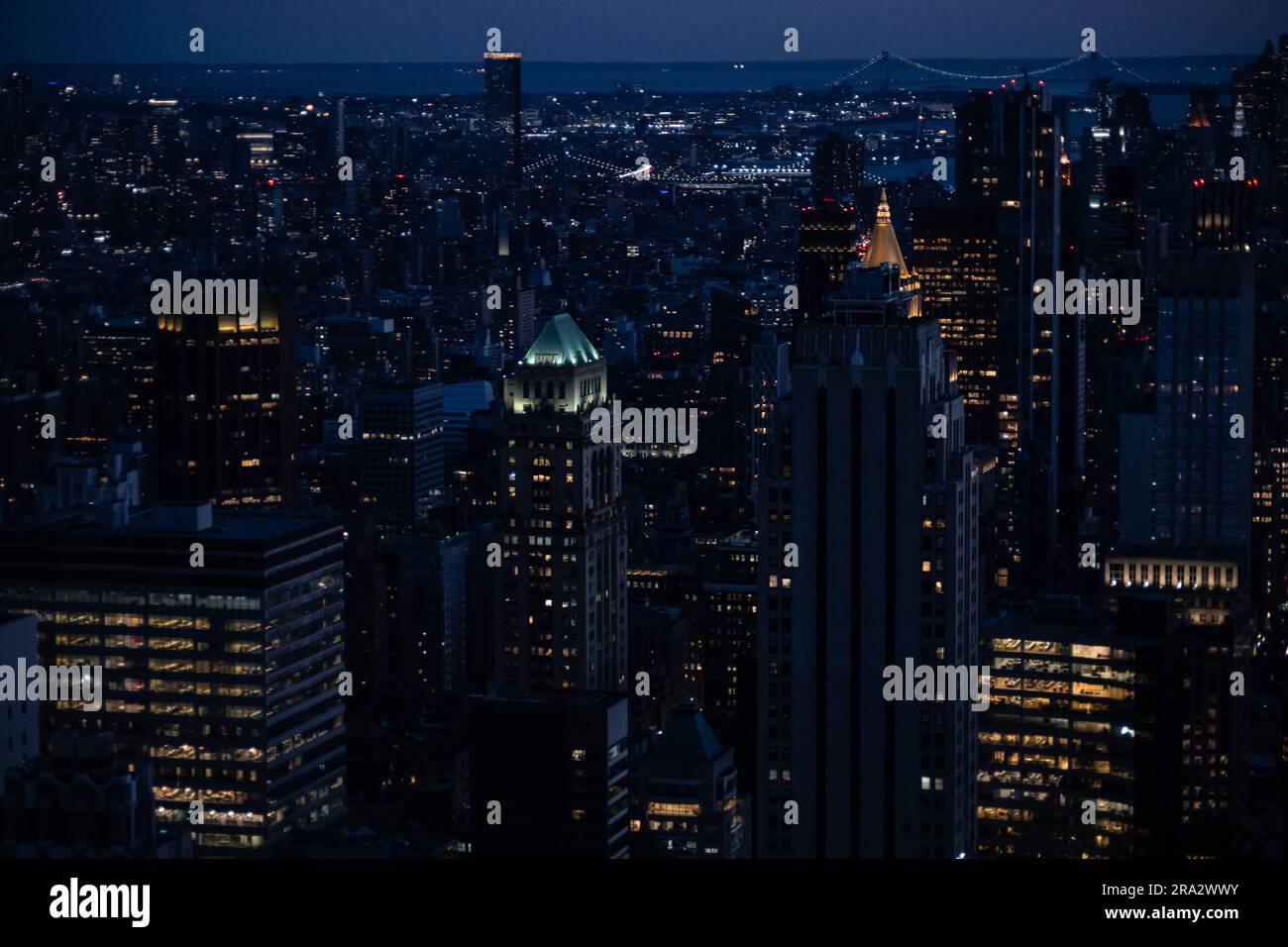 An aerial view of the illuminated New York City skyline at night Stock ...
