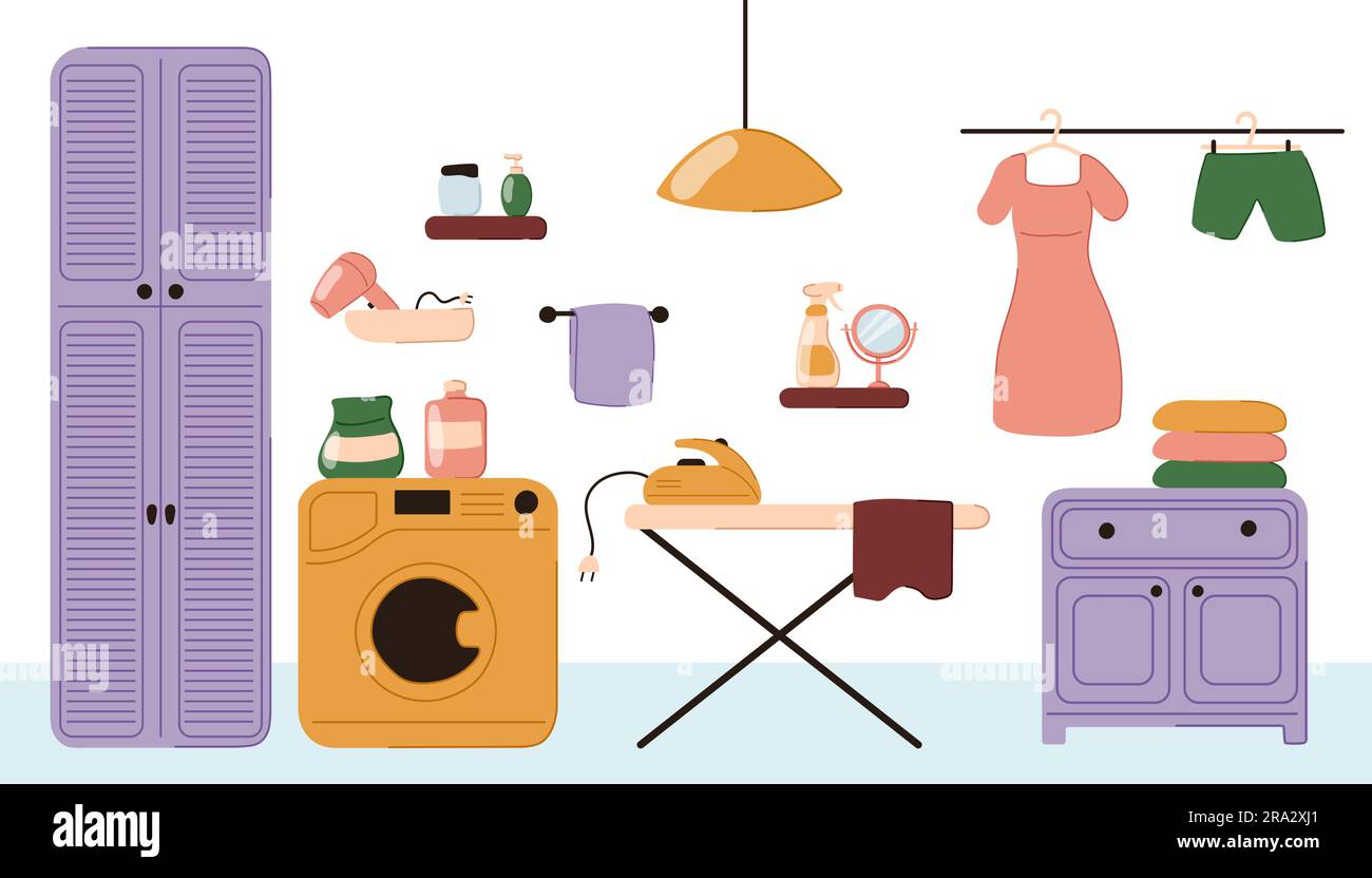 Interior of a home laundry in flat doodle style. Wardrobe, washing