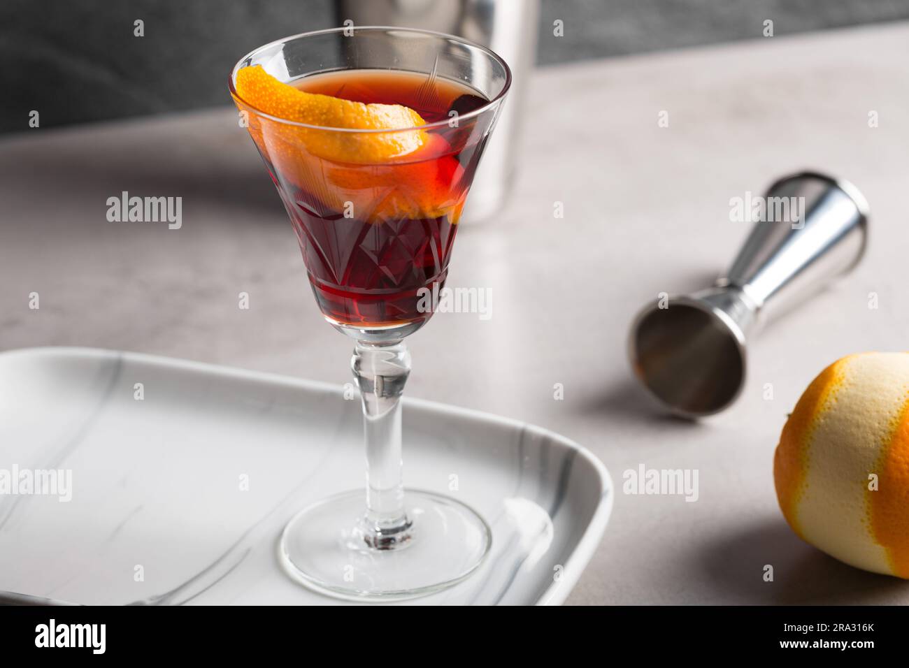 Boulevardier Cocktail booze bourbon whiskey, sweet vermouth and Italian bitter liqueur, garnish