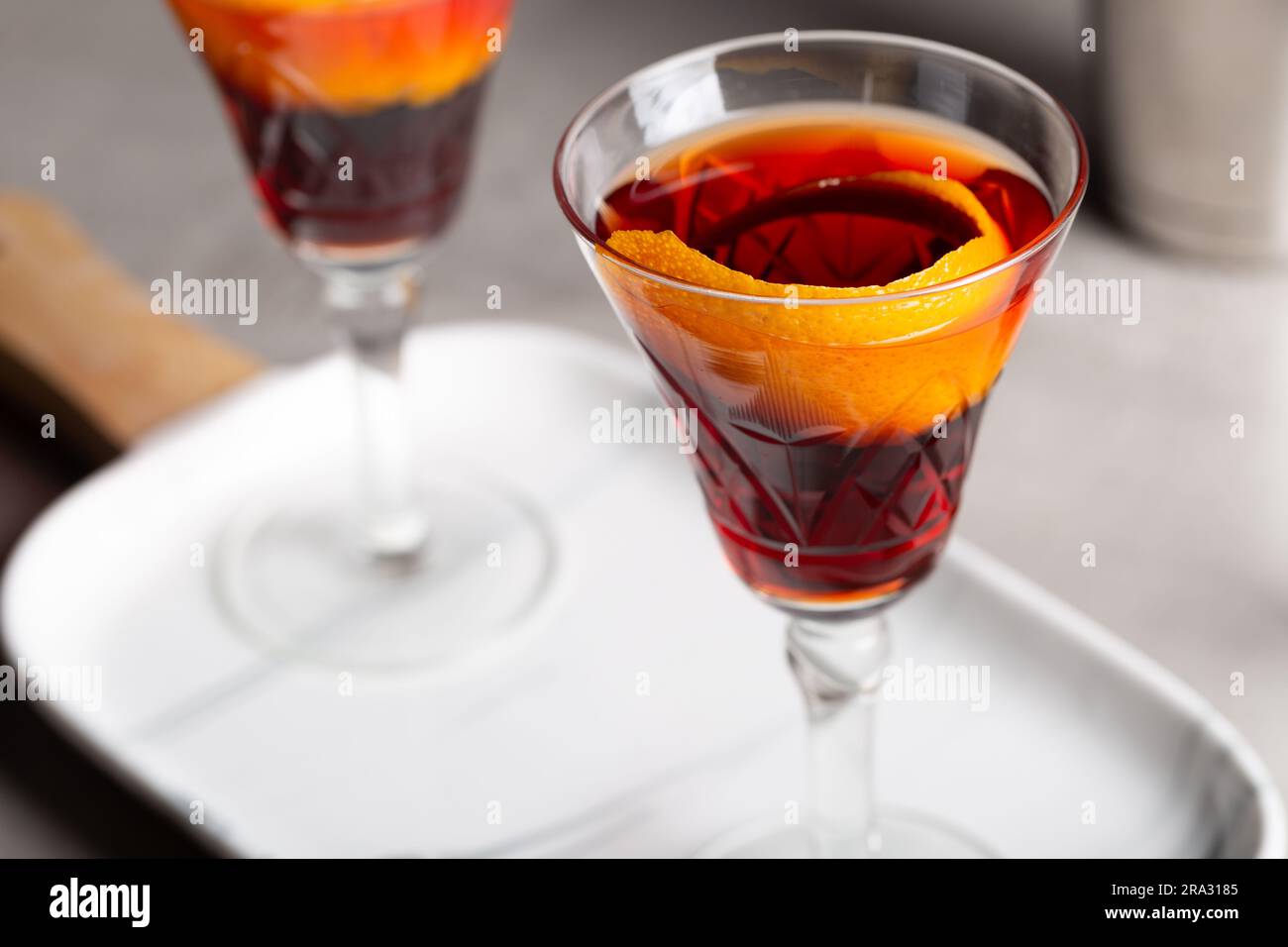 Boulevardier Cocktail booze bourbon whiskey, sweet vermouth and Italian bitter liqueur, garnish