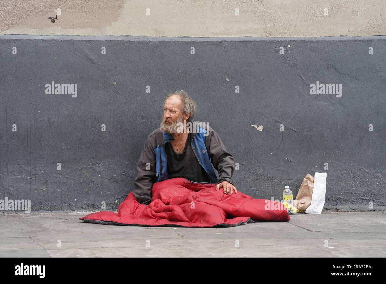 Scenes from Skid Row an area of Downtown Los Angeles which is one of the largest stable populations (between 5,000 and 8,000) of homeless people. Stock Photo