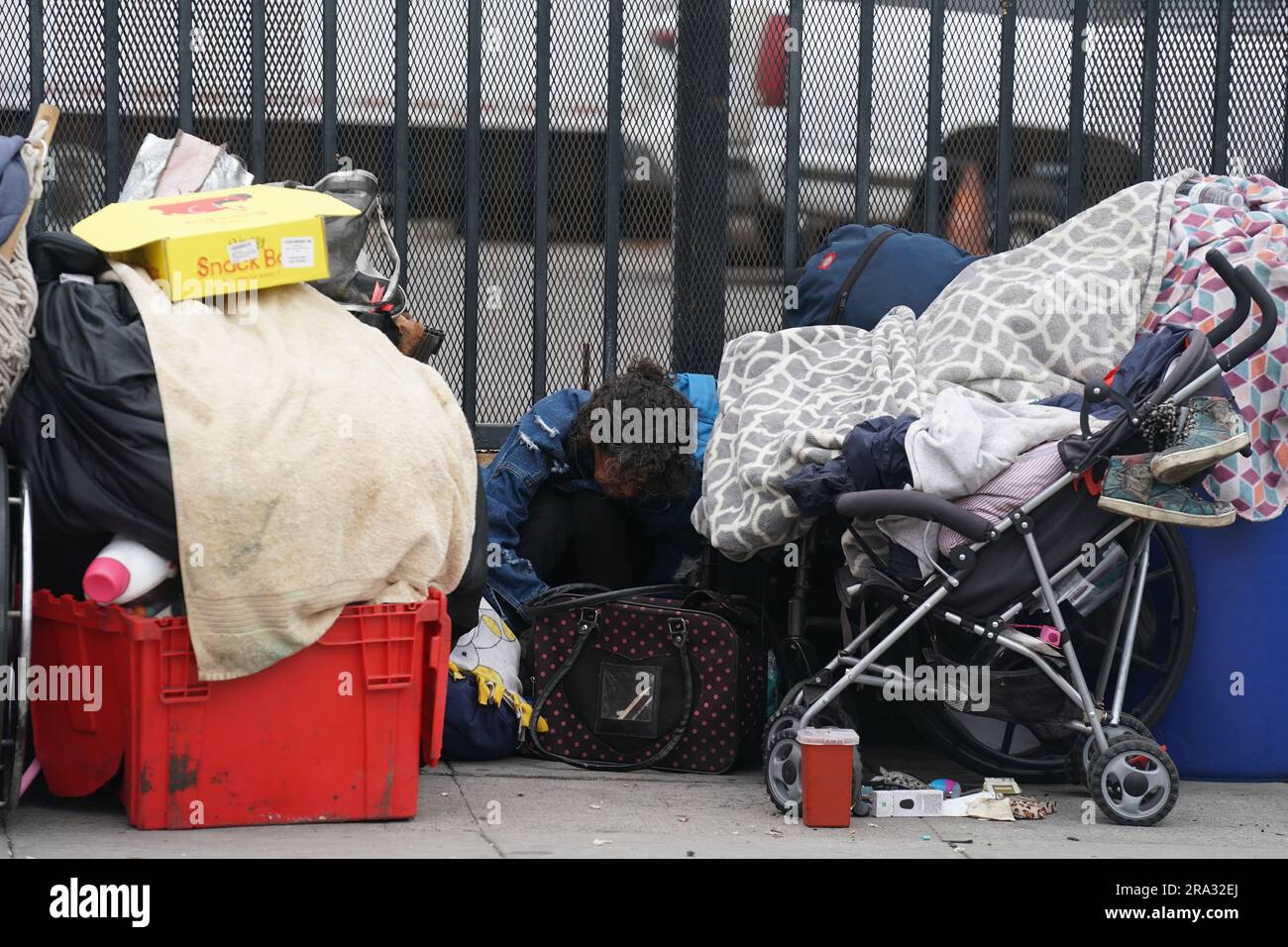 Scenes from Skid Row an area of Downtown Los Angeles which is one of the largest stable populations (between 5,000 and 8,000) of homeless people. Stock Photo