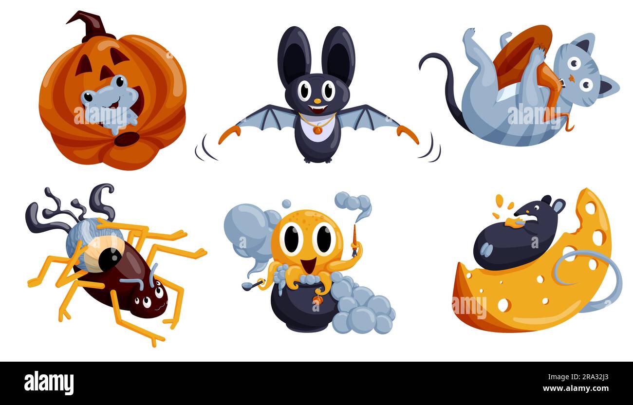 Cartoon set of Halloween characters. Bat, Spider, Frog in pumpkin, Octopus, Mouse on cheese, Cat with hat. Vector illustration isolated on a white Stock Vector