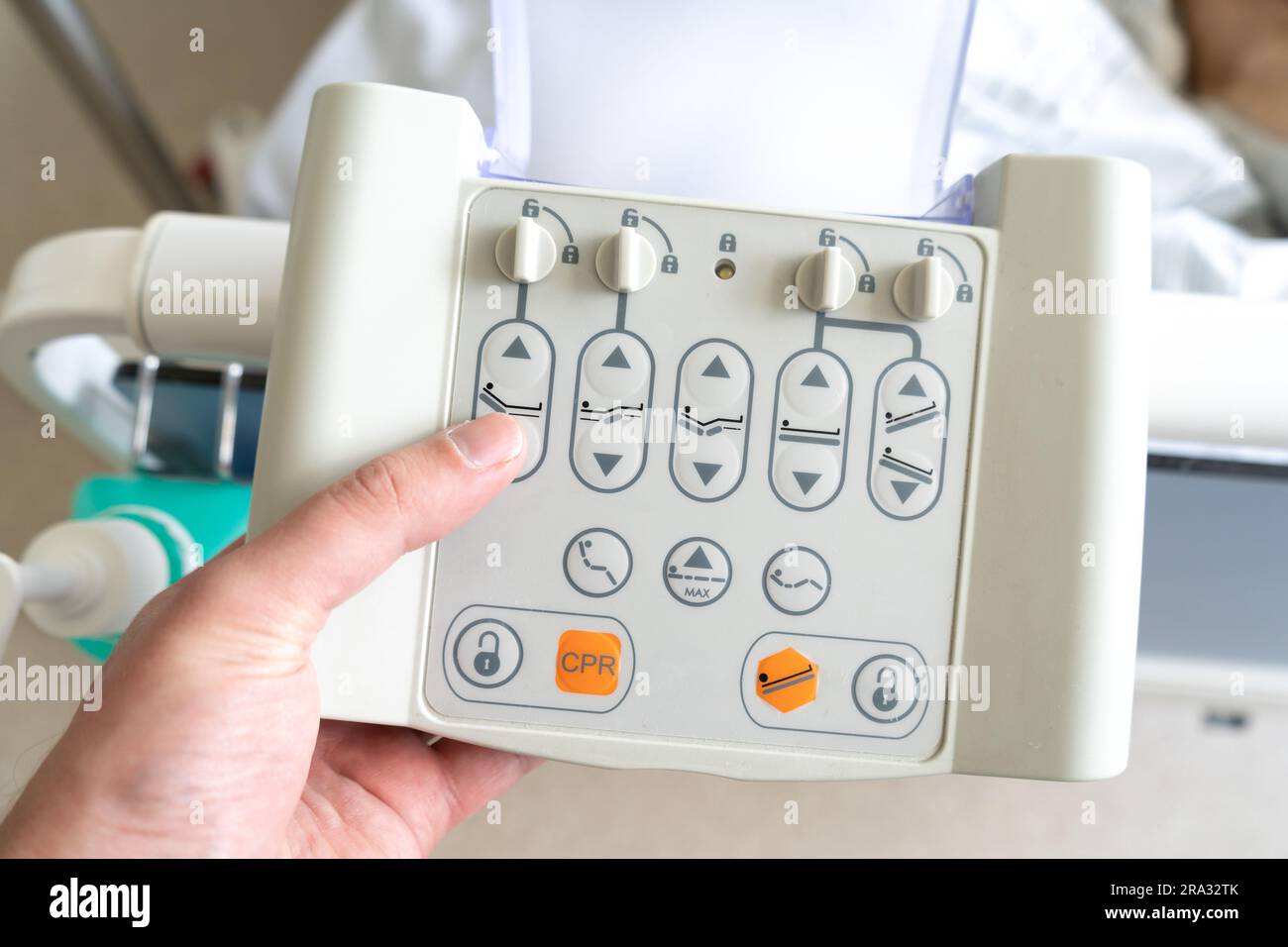 Hospital bed control box with buttons. Medical equipment, remote