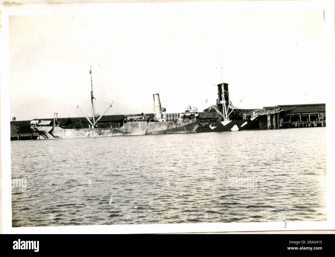 Photograph of the Starboard View of the SS Bendoran. Starboard View. Date: - Oct. 20 1918. Photograph Of S. S. Bendoran. Nationality: -British. Tonnage: -4074. Captain: -D. T. Cadley. Owners: -Wm. Thomson & Co. Leith, Scotland. Where From: - Huelva, Spain. Destination: Brunswick GA. & Liverpool, Eng. Where Photographed: Charleston S. C. Sixth Naval District. By Whom: J.B. Dearborn. Date: Sept. 5th. 1918. Where Camouflaged: Liverpool Eng. Date: Feb. 1918. By Whom: Wilson & Co. By Orders Of The British Goverment Government. Type Of Ship: Well Deck. Length 380ft. Beam 46 ft. Draft 23' 9'. Port Vi Stock Photo