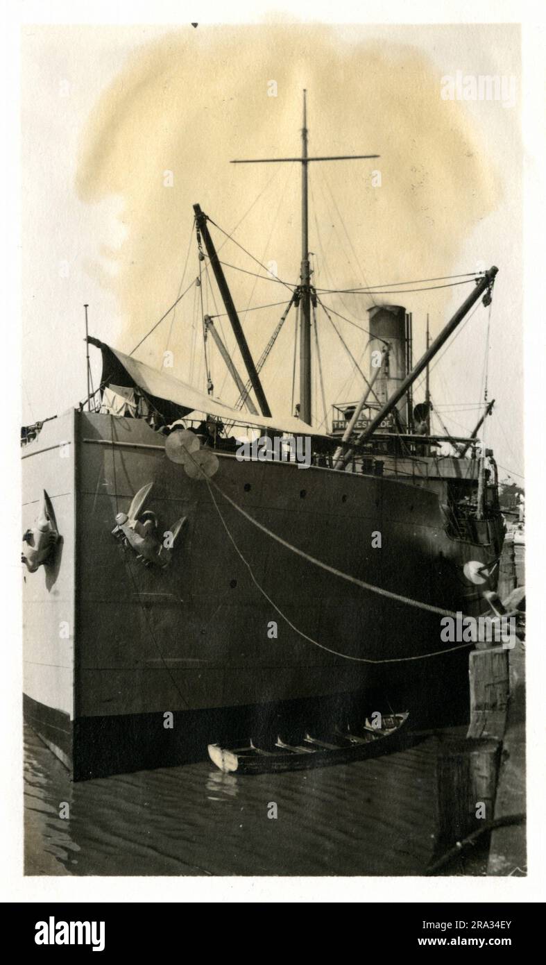 Photograph of the Port View of the SS Thamesmede. Photograph Of Port View. May 17th., 1918. Photograph of S. S. Thamesmede:- Nationality- British. Tonnage- 3618.9. Captain- A. Hemsley. Owners- Adams & Co. New Castle, Eng. (on the Tyne) Newcastle upon Tyne, Eng.. Where from- Straight of Gibralter Strait of Gibraltar, Dest. Bordeux Bordeaux, France. Where photographed- Savannah, Ga. Sixth Naval District. By whom photographed- J. Boyd Dearborn. Date photographed- May 11th., 1918.. 1918-05-11T00:00:00. Stock Photo