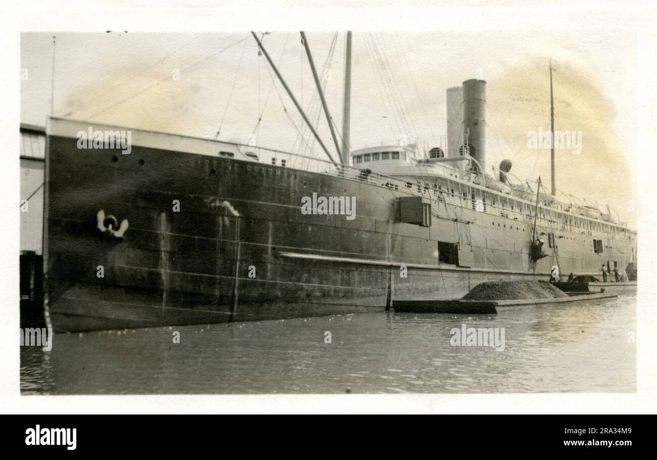Photograph of the Port View of the SS City of Columbus. Photograph Of Port View. May 17th/, 1918. Photograph of-City of Columbus: - Nationality- American. Tonnage- 5433. Captain- J. H. Deihl. Owners- Ocean S. S. Co. Where from- boston, Mass. Destination- Boston, Mass. Where photographed- Savannah, Ga/ Sixth Naval District. By whom photographed- J. Boyd Dearborn. Date photographed- May 11th., 1918.. 1918-05-11T00:00:00. Stock Photo