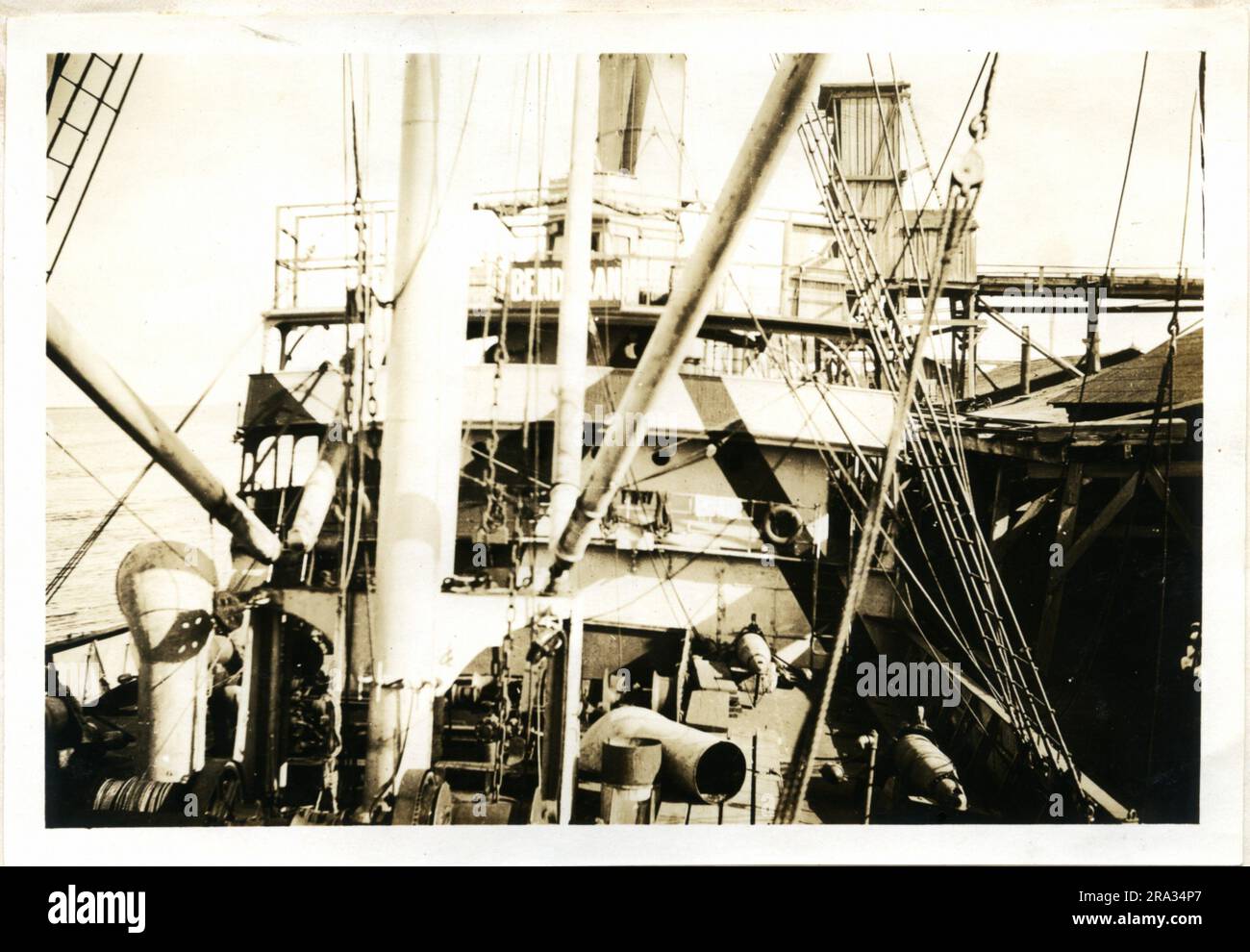 Photograph of the Fore Side of the Bridge of the SS Bendoran. Photograph Of Fore Side Bride. Date: - Oct. 20 1918. Photograph Of S. S. Bendoran. Nationality: -British. Tonnage: -4074. Captain: -D. T. Cadley. Owners: -Wm. Thomson & Co. Leith, Scotland. Where From: - Huelva, Spain. Destination: Brunswick GA. & Liverpool, Eng. Where Photographed: Charleston S. C. Sixth Naval District. By Whom: J.B. Dearborn. Date: Sept. 5th. 1918. Where Camouflaged: Liverpool Eng. Date: Feb. 1918. By Whom: Wilson & Co. By Orders Of The British Goverment Government. Type Of Ship: Well Deck. Length 380ft. Beam 46 f Stock Photo