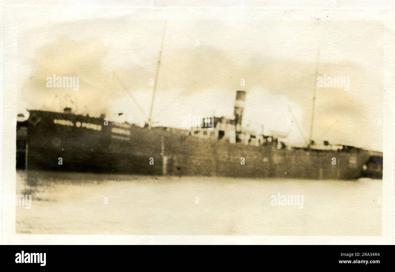 Photograph of the Port View of the SS Angel B. Perez. Photograph Of Port View. May 18th., 1918. Photograph of S. S. Angel B. Perez. :- Nationality: - spanish, Tonnage: - 2500. Captain: - Aroturo Menendec. Owners: -Angel B. Perez. Where from:- Huelva, Spain. Dest. Being repaired. Where photographed:- Savannah, Ga. Sixth Naval District. By whom: - J. Boyd Dearborn. Date:- May 12th., 1918.. 1918-05-12T00:00:00. Stock Photo