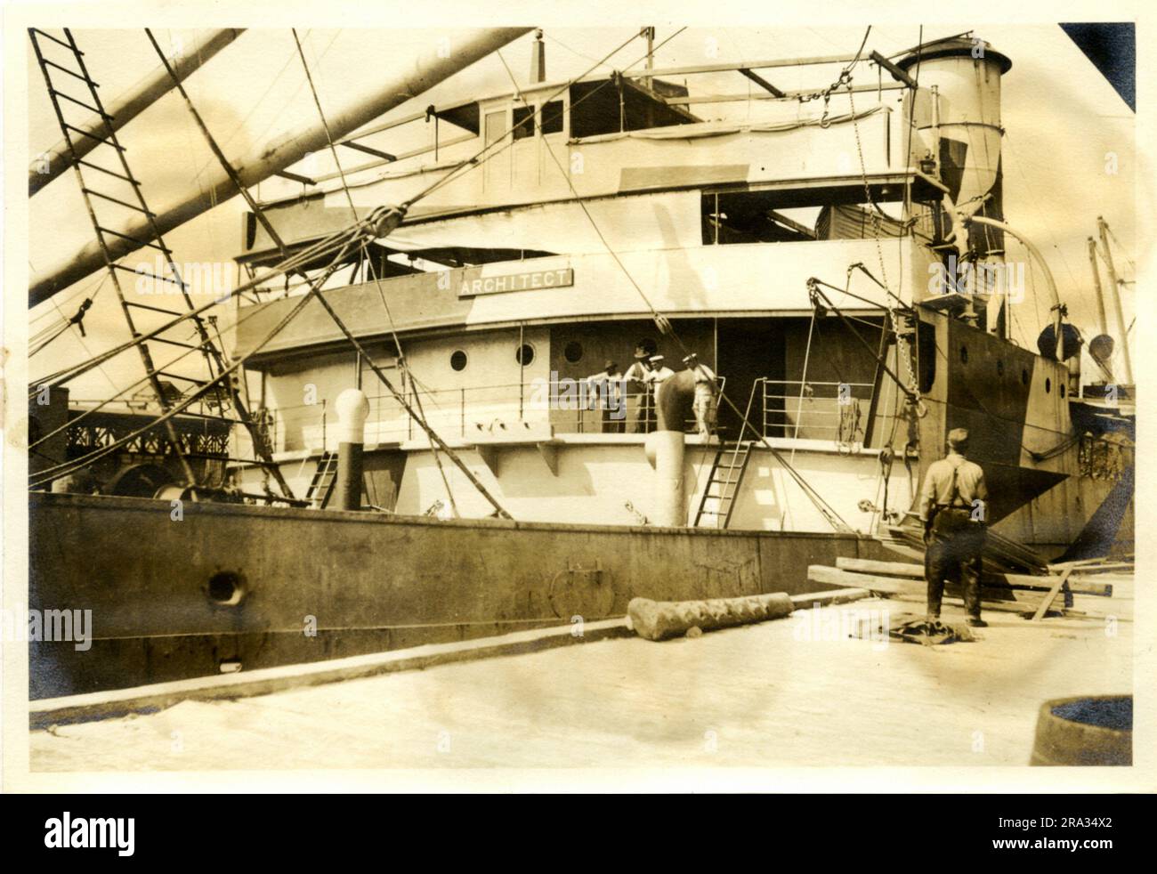 Photograph of the Fore Side of the Bridge of the SS Architect. Photograph Of Fore Side Of Bridge. Date: - July 29, 1918. Photograph Of; - S. S. Architect. Nationality: - British. Tonnage: -6736. Captain: - W. N. Rushforth. Owners: - T. & J. Harrison. Where From: - Plymouth, Eng. Destination: - Liverpool, Eng. Bordeux Bordeaux, France.? Where Photographed: - Savannah, GA. Sixth Naval District. By Whom Photographed: - J. B. Dearborn. Date Photographed: - July 12th., 1918. Where Camouflaged: - West Hartlepool, Eng. Date: - June 7th., 1918. By Whom: - Gray Shipbuilding Co. Type Of Ship: - Well Dec Stock Photo