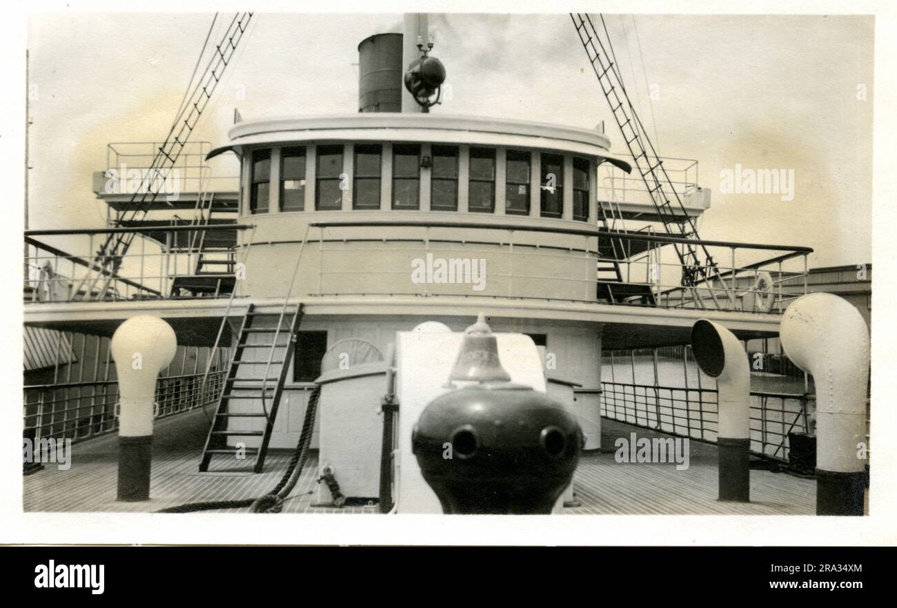 Photograph of the Fore Side of the Bridge of the SS City of Rome. Photograph Of Fore Side Of Bridge. May 17th., 1918. City Of Rome-(formerly) Suwannee, M. M. T. Co. Nationality-American. Tonnage-3648. Captain)-L. G. Dalzell. Owners- Ocean S. S. Co. Where from- New York, N. Y. Destination- New York, N. Y. Where Photographed- Savannah, Ga. Sixth Naval District. By Whom Photographed-J/ Boyd Dearborn. Date- May 12th., 1918/.. 1918-05-12T00:00:00. Stock Photo