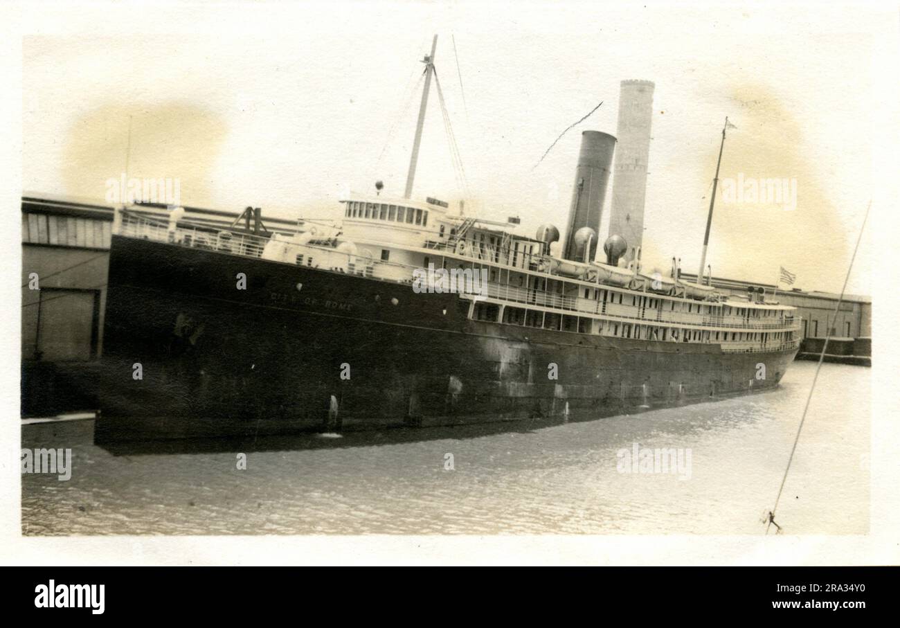 Photograph of the Port View of the SS City of Rome. Photograph Of Port View. May 17th., 1918. City Of Rome-(formerly) Suwannee, M. M. T. Co. Nationality-American. Tonnage-3648. Captain)-L. G. Dalzell. Owners- Ocean S. S. Co. Where from- New York, N. Y. Destination- New York, N. Y. Where Photographed- Savannah, Ga. Sixth Naval District. By Whom Photographed-J/ Boyd Dearborn. Date- May 12th., 1918/.. 1918-05-12T00:00:00. Stock Photo