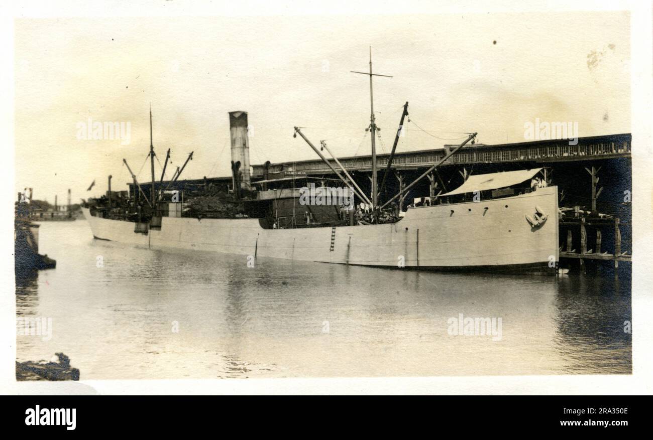Photograph of the Starboard View of the SS Thamesmede. Photograph Of Starboard View. May 17th., 1918. Photograph of S. S. Thamesmede:- Nationality- British. Tonnage- 3618.9. Captain- A. Hemsley. Owners- Adams & Co. New Castle, Eng. (on the Tyne) Newcastle upon Tyne, Eng.. Where from- Straight of Gibralter Strait of Gibraltar, Dest. Bordeux Bordeaux, France. Where photographed- Savannah, Ga. Sixth Naval District. By whom photographed- J. Boyd Dearborn. Date photographed- May 11th., 1918.. 1918-05-11T00:00:00. Stock Photo