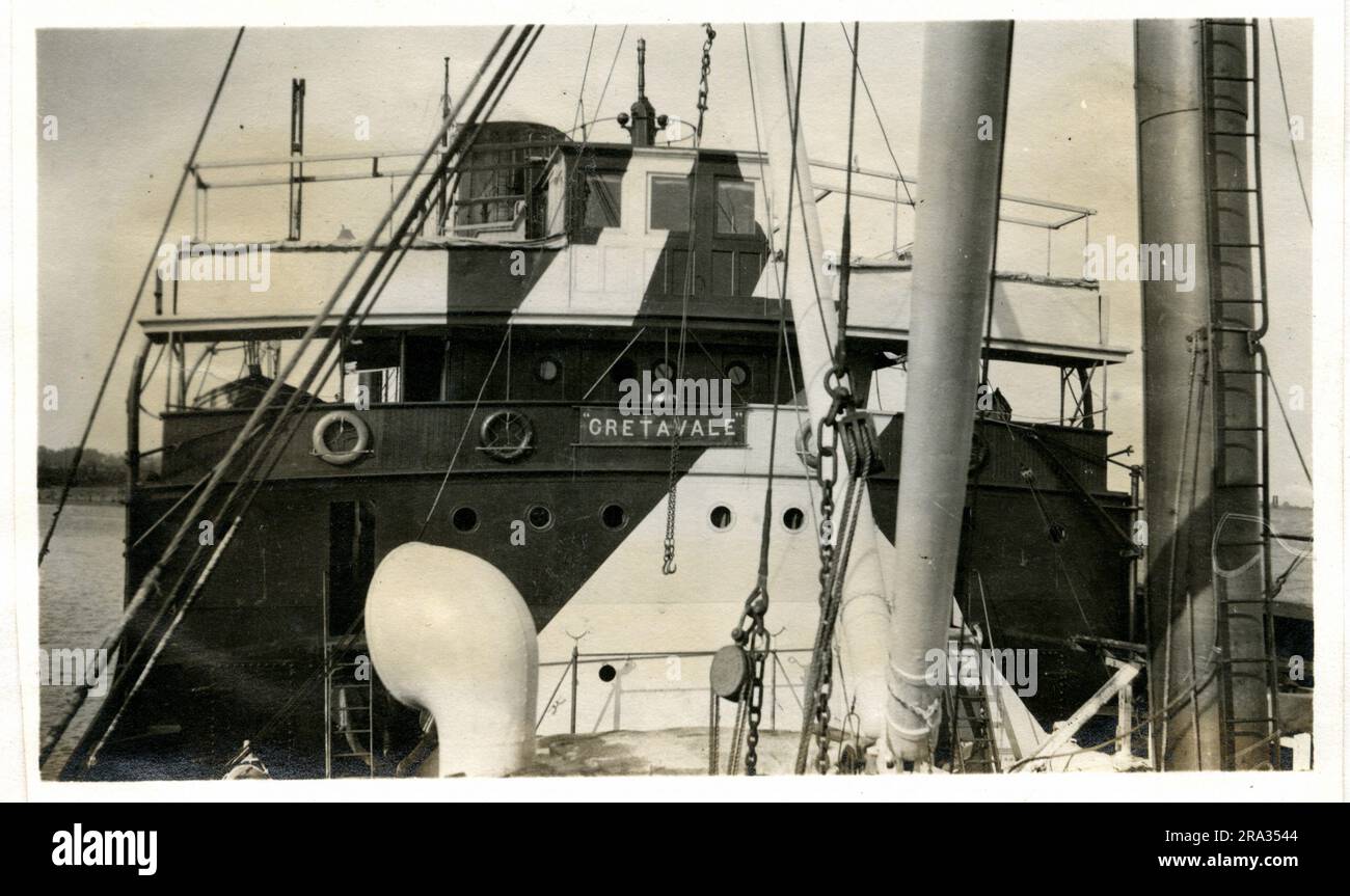 Photograph of the Fore Side of the Bridge of the SS Gretavale. Photograph Of Fore Side Of Bridge. May 18th., 1918. Photograph of S. S.; Gretavale: - Nationality; - British, Tonnage-5388. Captain;- James Morris. Owners; -Donaldson Line Ltd. Glasgoo Glasgow, Eng. Where from: - Manchester, Eng. Dest., Liverpool, England. Where photographed: - Savannah, Ga. Sixth Naval District. By whom photographed: - J. Boyd Dearborn. Date photographed: - May 11th., 1918. Started camouflage, Fore side of bridge finished, port & starboard not camouflaged. Where camouflaged: -England. Date camouflaged: - Could not Stock Photo