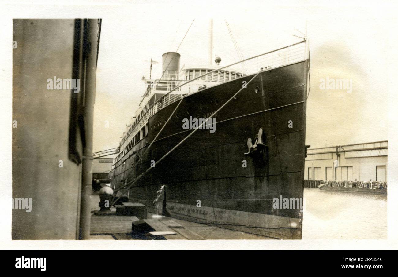 Photograph of the Starboard View of the SS City of Rome. Photograph Of Starboard View. May 17th., 1918. City Of Rome-(formerly) Suwannee, M. M. T. Co. Nationality-American. Tonnage-3648. Captain)-L. G. Dalzell. Owners- Ocean S. S. Co. Where from- New York, N. Y. Destination- New York, N. Y. Where Photographed- Savannah, Ga. Sixth Naval District. By Whom Photographed-J/ Boyd Dearborn. Date- May 12th., 1918/.. 1918-05-12T00:00:00. Stock Photo