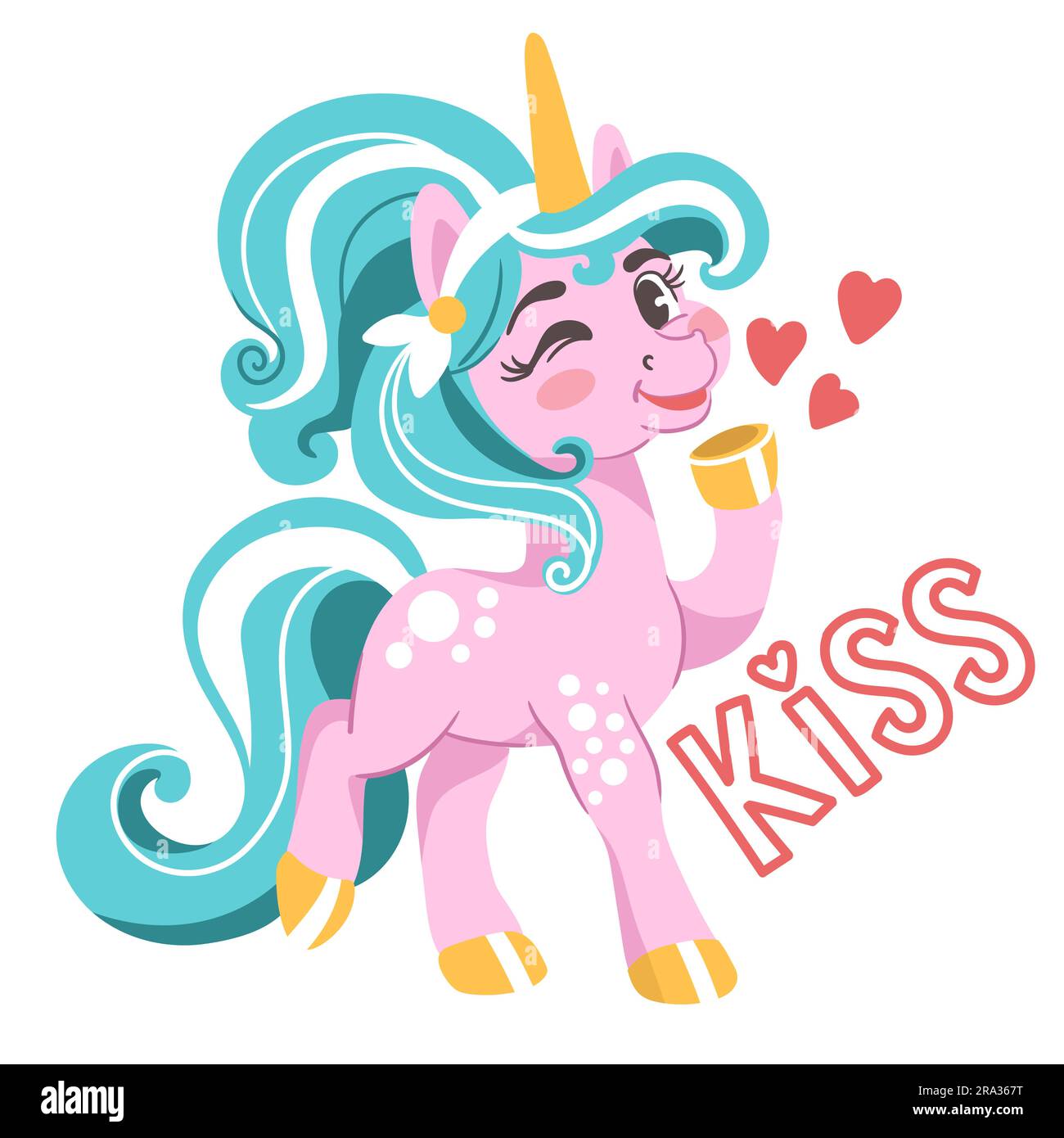 Cute cartoon character unicorn with a hearts and lettering Kiss. Vector isolated illustration. White background. For print, design, poster, sticker, c Stock Vector