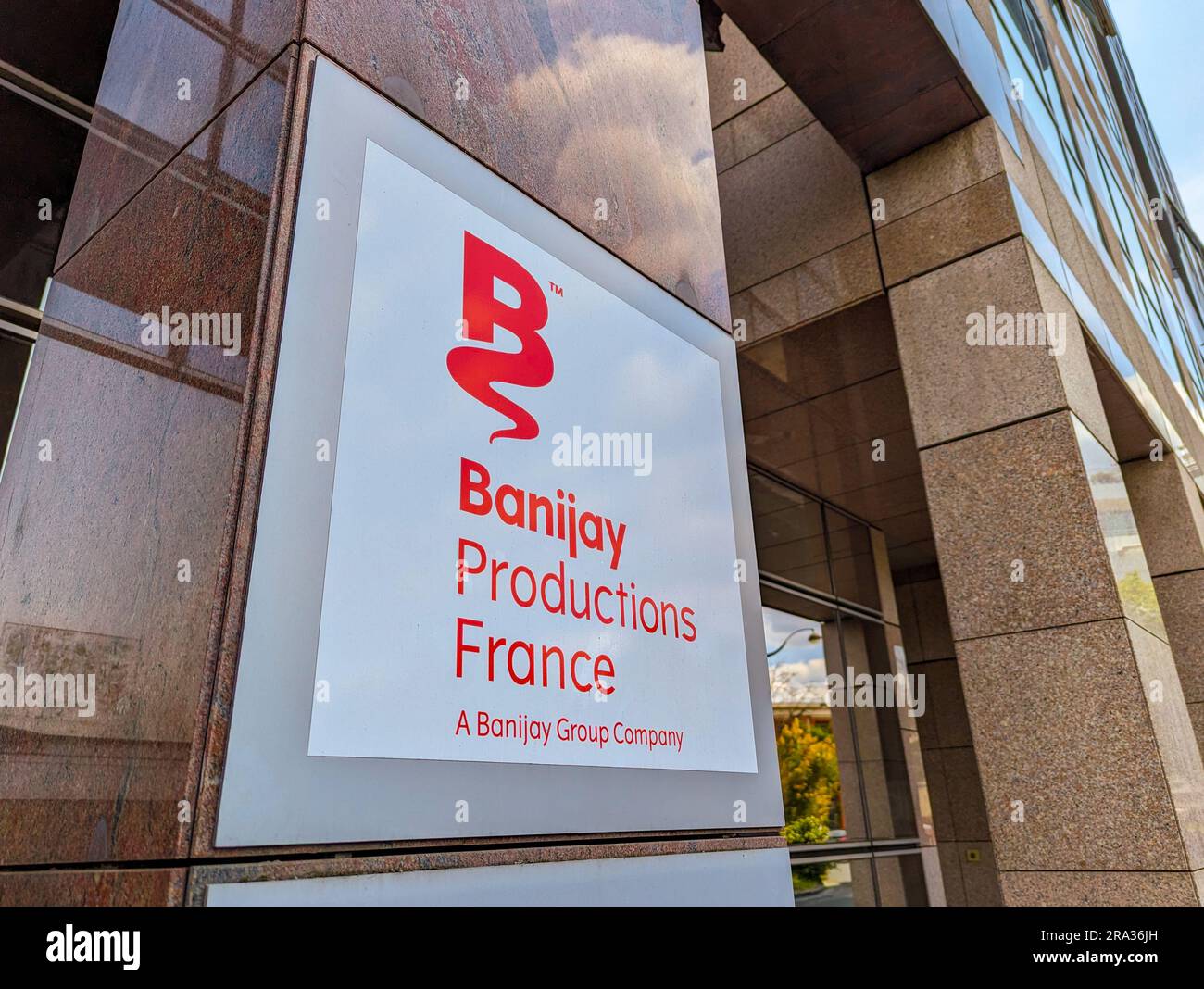 Sign at the entrance of Banijay Productions France, an audiovisual ...