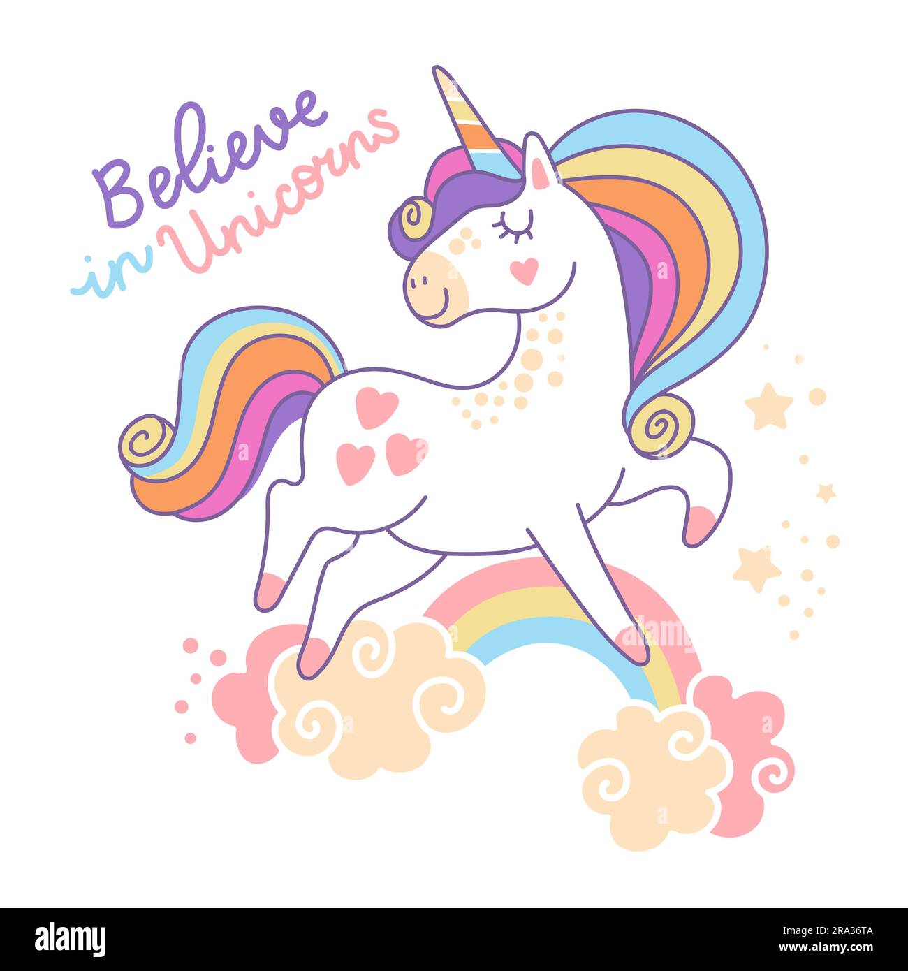 Cute cartoon character unicorn with a rainbow mane and lettering believe in  unicorns. Vector isolated illustration. White background. For print, desig  Stock Vector Image \u0026 Art - Alamy, image size:1300x1390