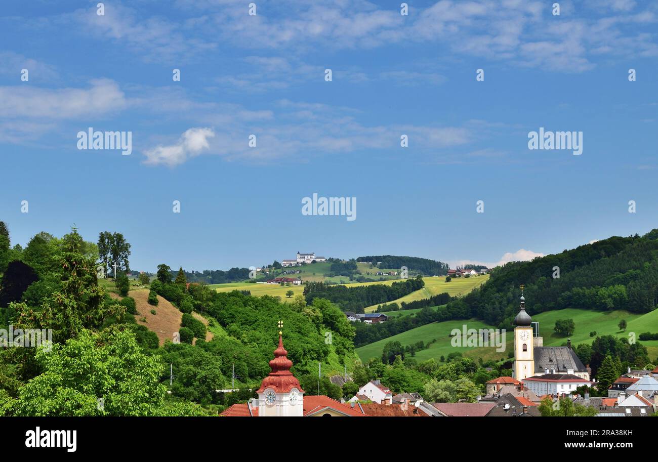 View of Sonntagberg cathedral from Waidhofen an der Ybbs, Austria Stock Photo