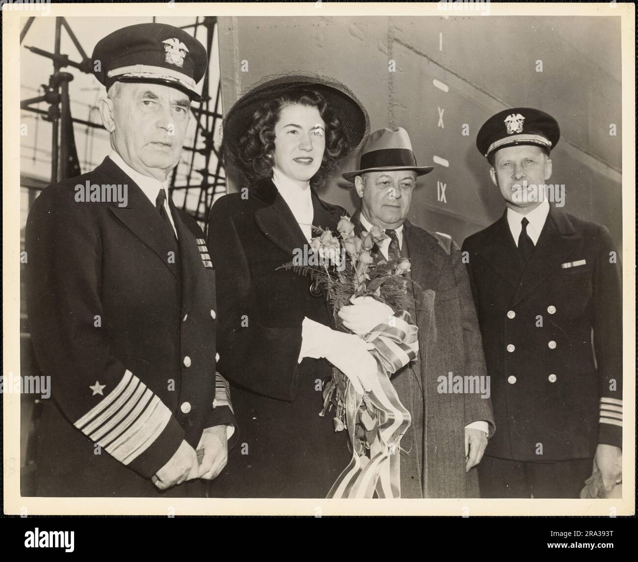 Fleet Admiral Leahy Attends Launching of DD Turner with William S. Newell and Captain R.S. Hitchcock, Bath, Maine. Administrative History of the First Naval District in World War II Stock Photo