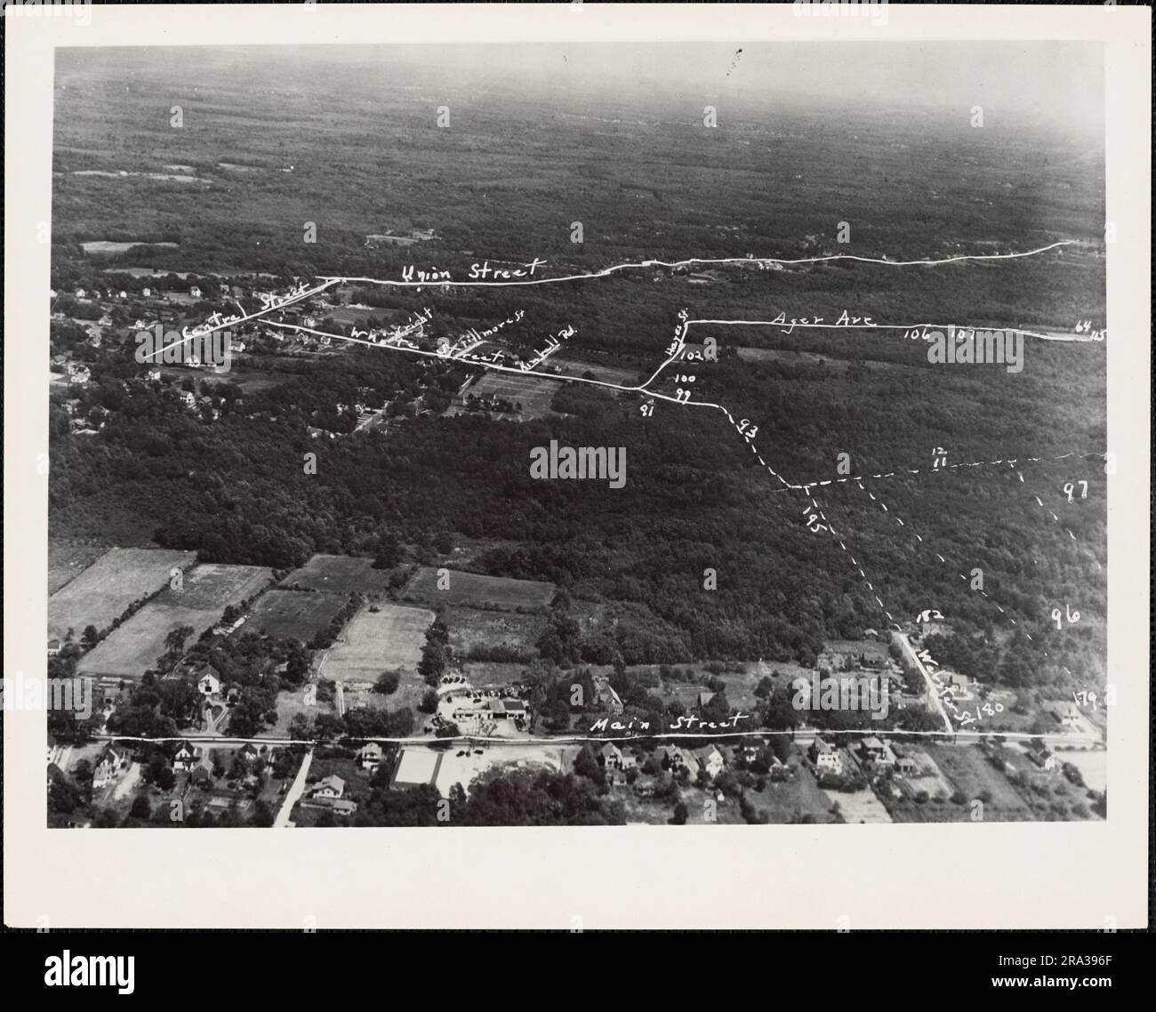 Aerial View of Central Street and Union Street, South Weymouth, Massachusetts. 1939 1947 Stock