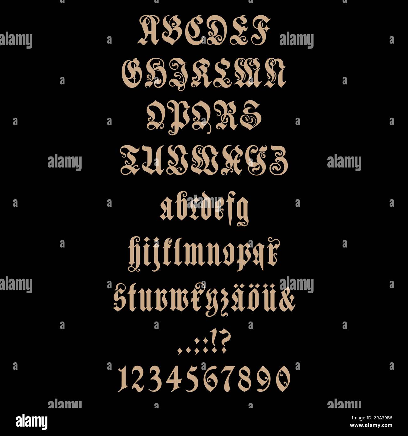 Medieval style design. Gothic font, letters and numbers, hand drawn in vintage retro style Stock Vector