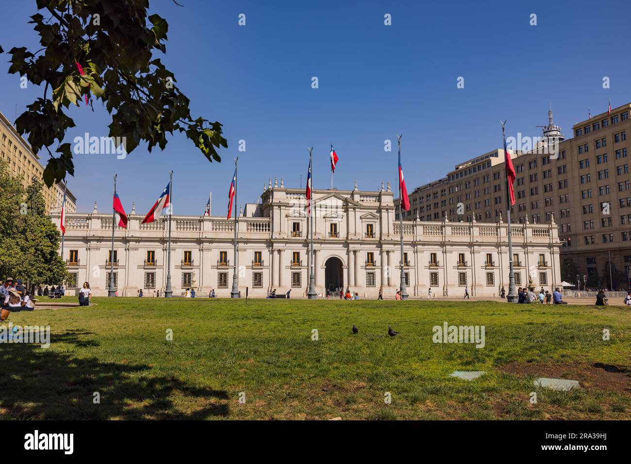 View from Plaza de la Constitucion, facade of Palacio de La Moneda in the government quarter of the metropolis Santiago de Chile, South America Stock Photo