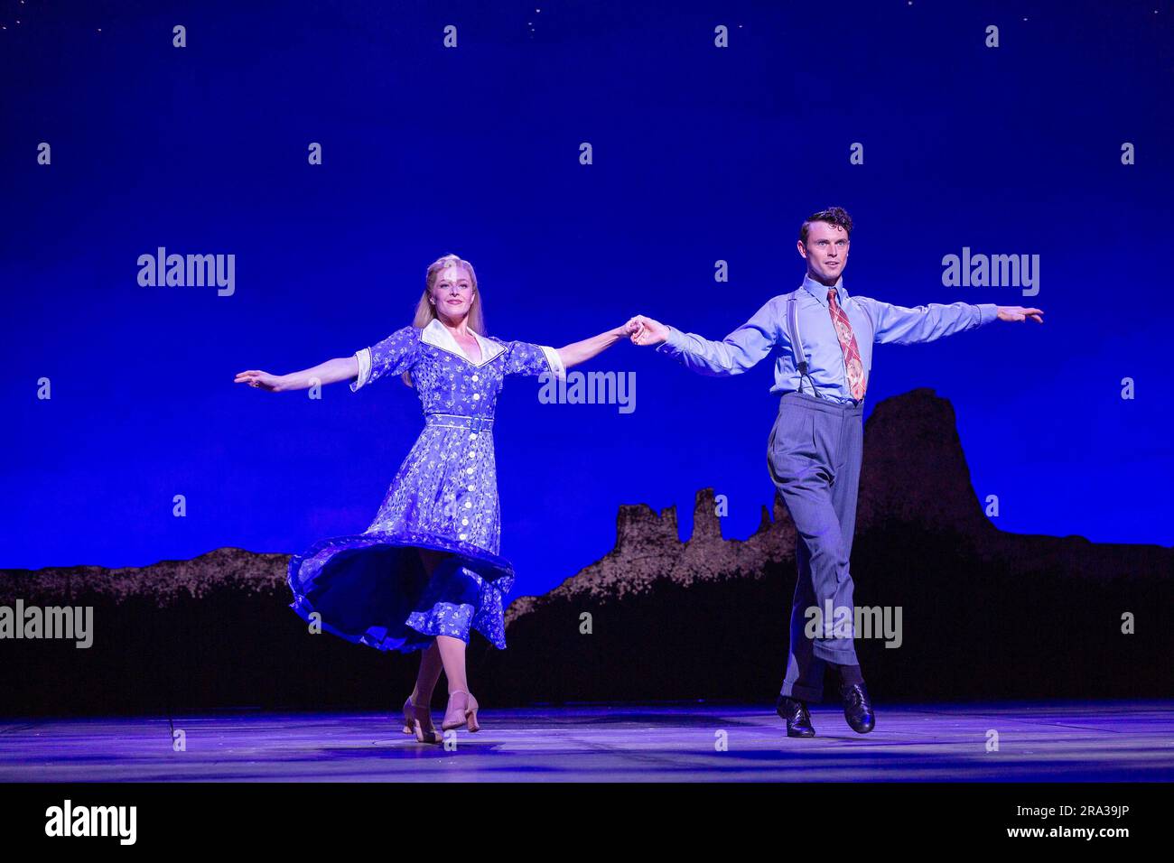 Carly Anderson (Polly Baker), Charlie Stemp (Bobby Child) in CRAZY FOR YOU in CRAZY FOR YOU at the Gillian Lynne Theatre, London WC2  03/07/2023 a Chichester Festival Theatre 2022 production  music & lyrics: George & Ira Gershwin  book: Ken Ludwig  co-conceived by Ken Ludwig & Mike Ockrent  set design: Beowulf Boritt  costumes: William Ivey Long  lighting: Ken Billington  choreography & direction: Susan Stroman Stock Photo