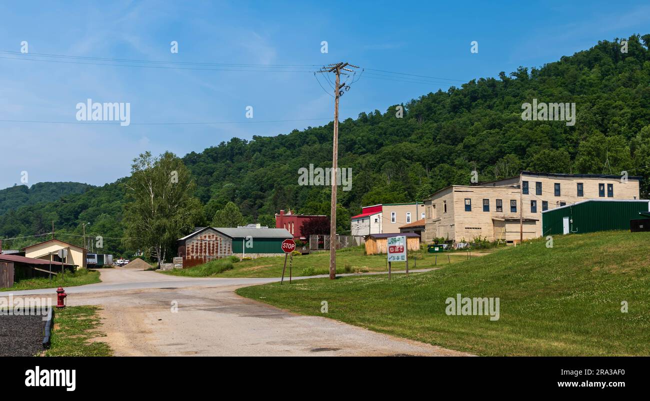 The backs of buildings on Main Street in town as seen from King Street in Tidioute, Pennsylvania