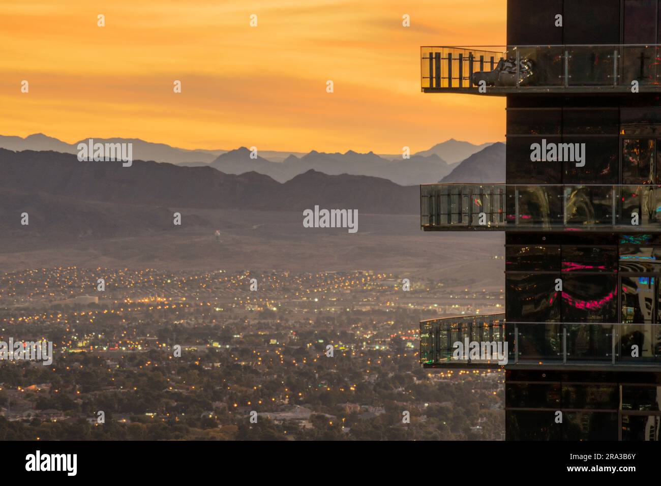 Las Vegas at Sunrise. The Strip is not just casinos, gambling and pool parties, beautiful serene mountain ranges and national parks surround the city. Stock Photo