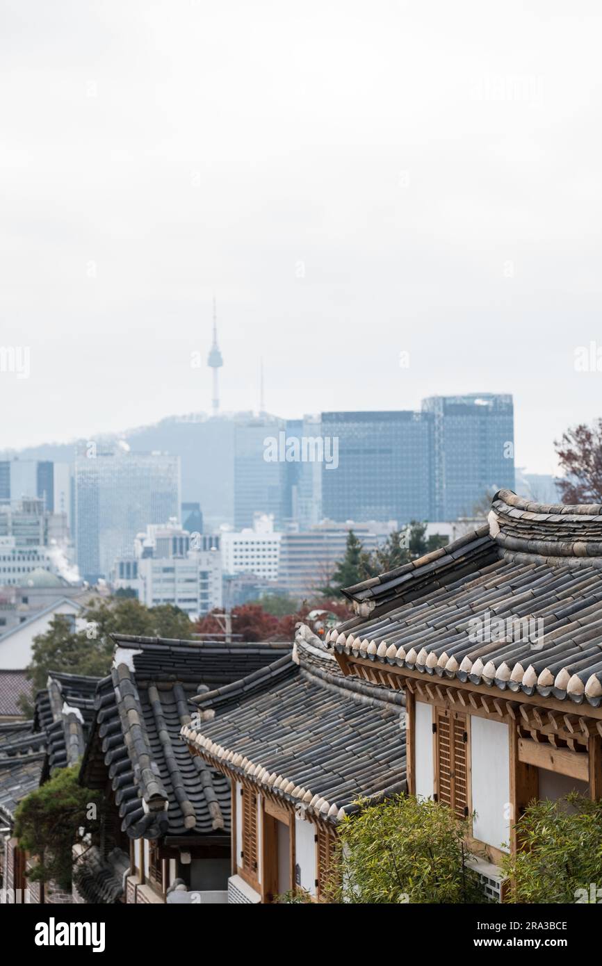 Bukchon Hanok Village, a Korean traditional village with N Seoul Tower ...