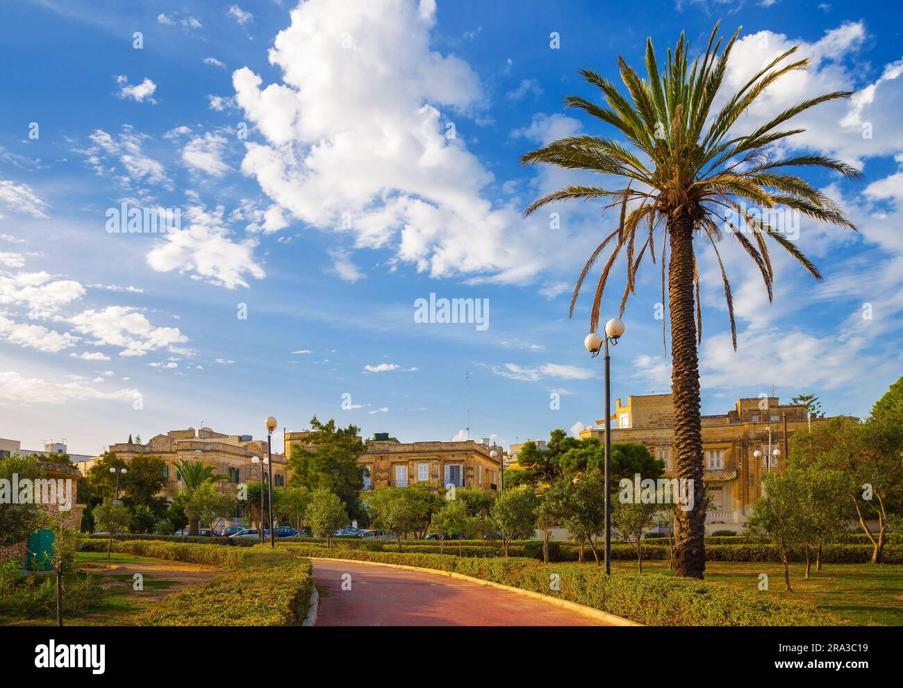 Sliema, Malta - Palm tree, traditional Maltese houses and blue sky and clouds on a sunny morning Stock Photo
