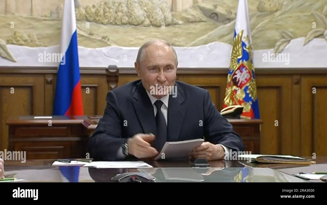 VLADIMIR PUTIN, Russian President, at a meeting of military chiefs in the Kremlin, 27 June 2023 Stock Photo