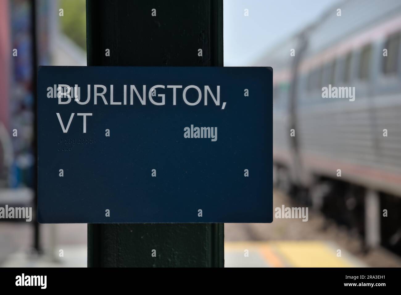 Amtrak train at Burlington Union station platform. Ethan Allen Express