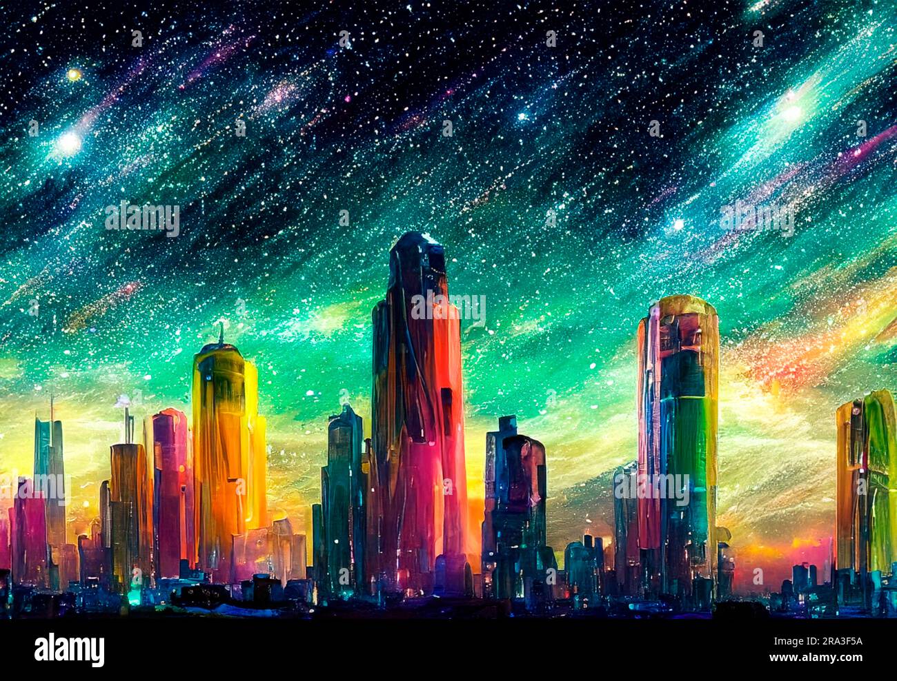 Beautiful Cyberpunk Cityscape with a sunset, Glitchy Animation style, Cyberpunk  Wallpaper/Background, Stock Illustration