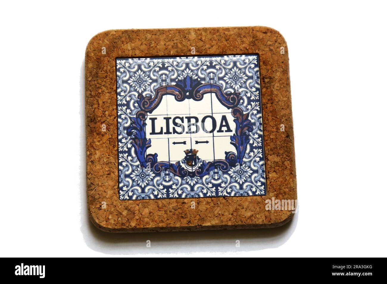 lisbon portugal coaster tile souvenir on black background isolated macro detail azulejo Stock Photo