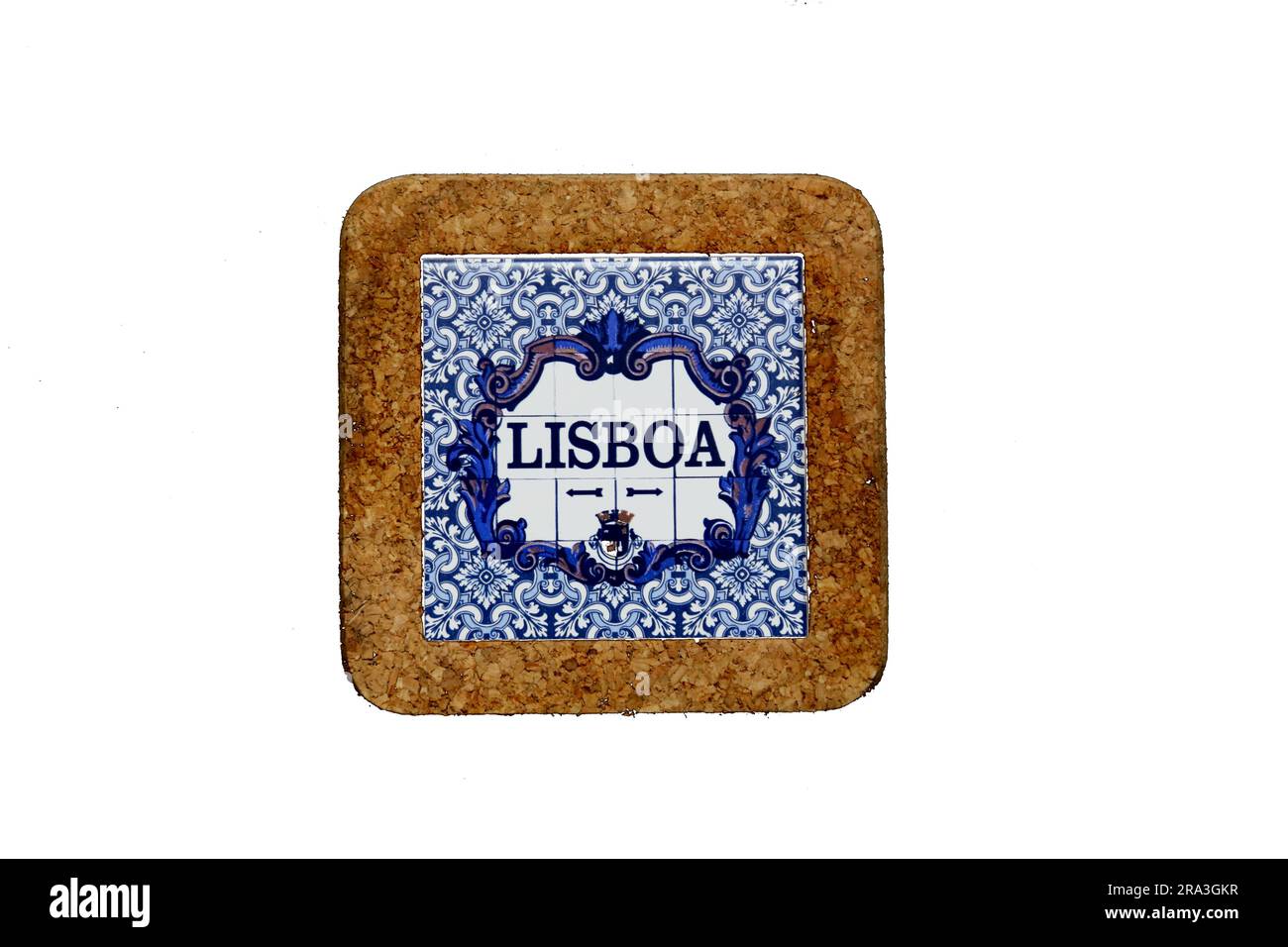 lisbon portugal coaster tile souvenir on black background isolated macro detail azulejo Stock Photo