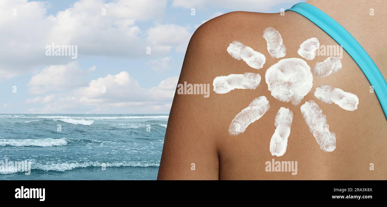 Sunscreen or Suncream SPF as sunblocks or Sun screen on the beach to help prevent skin cancer as UVB radiation protection as protective cream shaped a Stock Photo
